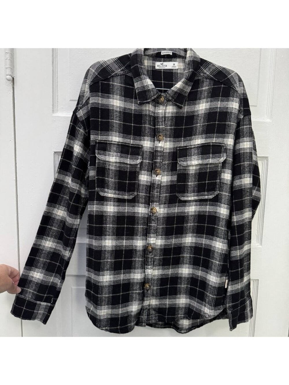 Hollister Womens Medium Black White Plaid Cotton Flannel Boyfriend Shacket